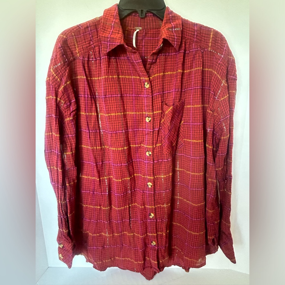 Free People Break My Stride Plaid Button Down Shirt, Red, Metallic Stripe Small - Picture 1 of 8